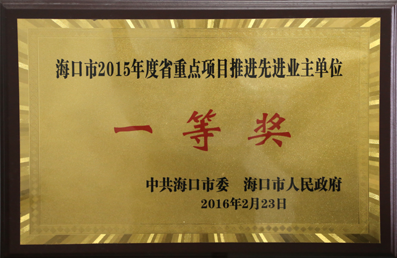 海口市2015年度省重點(diǎn)項(xiàng)目推進(jìn)先進(jìn)業(yè)主單位一等獎(jiǎng)